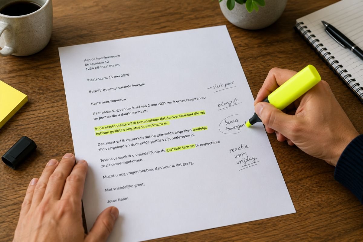 Aantekeningen maken op een uitgeprinte brief met een markeerstift.