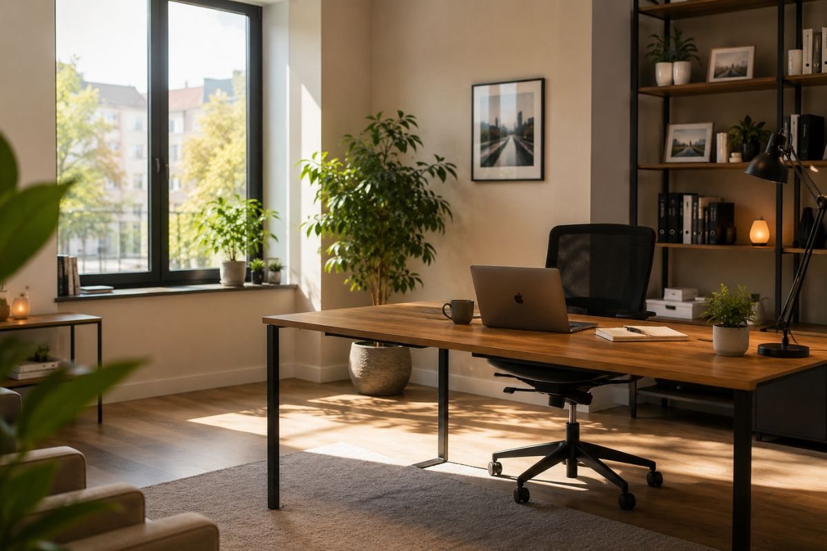 Werkplek breed, daglicht, rustige ruimte.